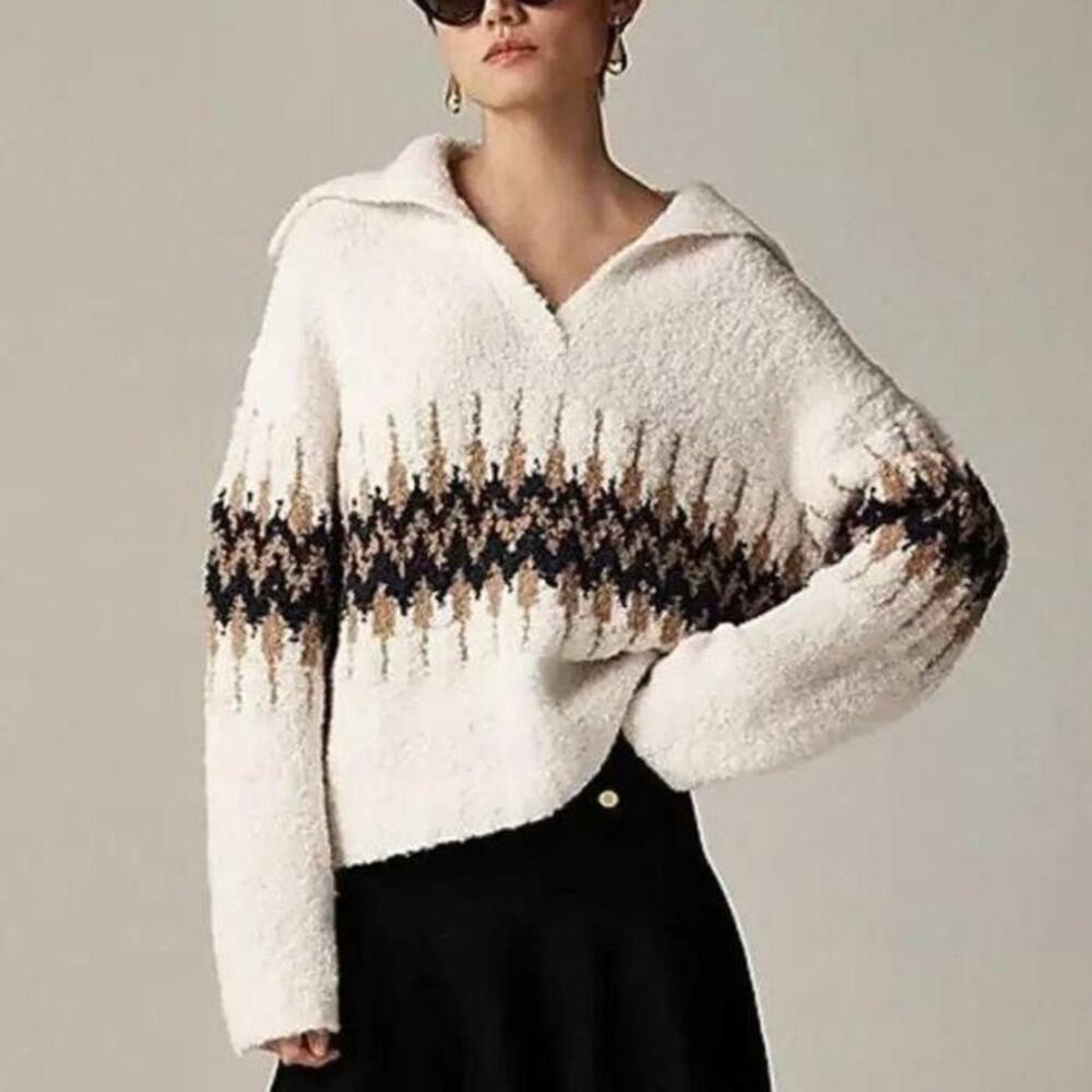 J Crew Sweater Fair Isle Johnny-Collar Boucle Yarn Wool Blend Cream Tan Med NWT